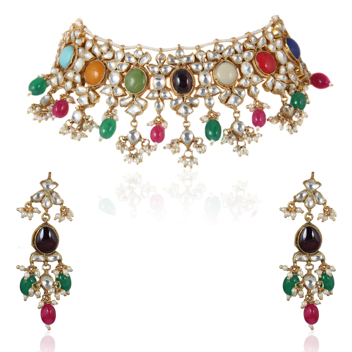 WHITE JADTAR STONE WITH NAVRTAN CHOKER SET WITH EARRINGS