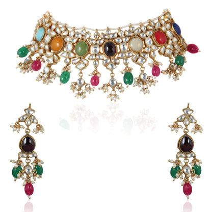 WHITE JADTAR STONE WITH NAVRTAN CHOKER SET WITH EARRINGS