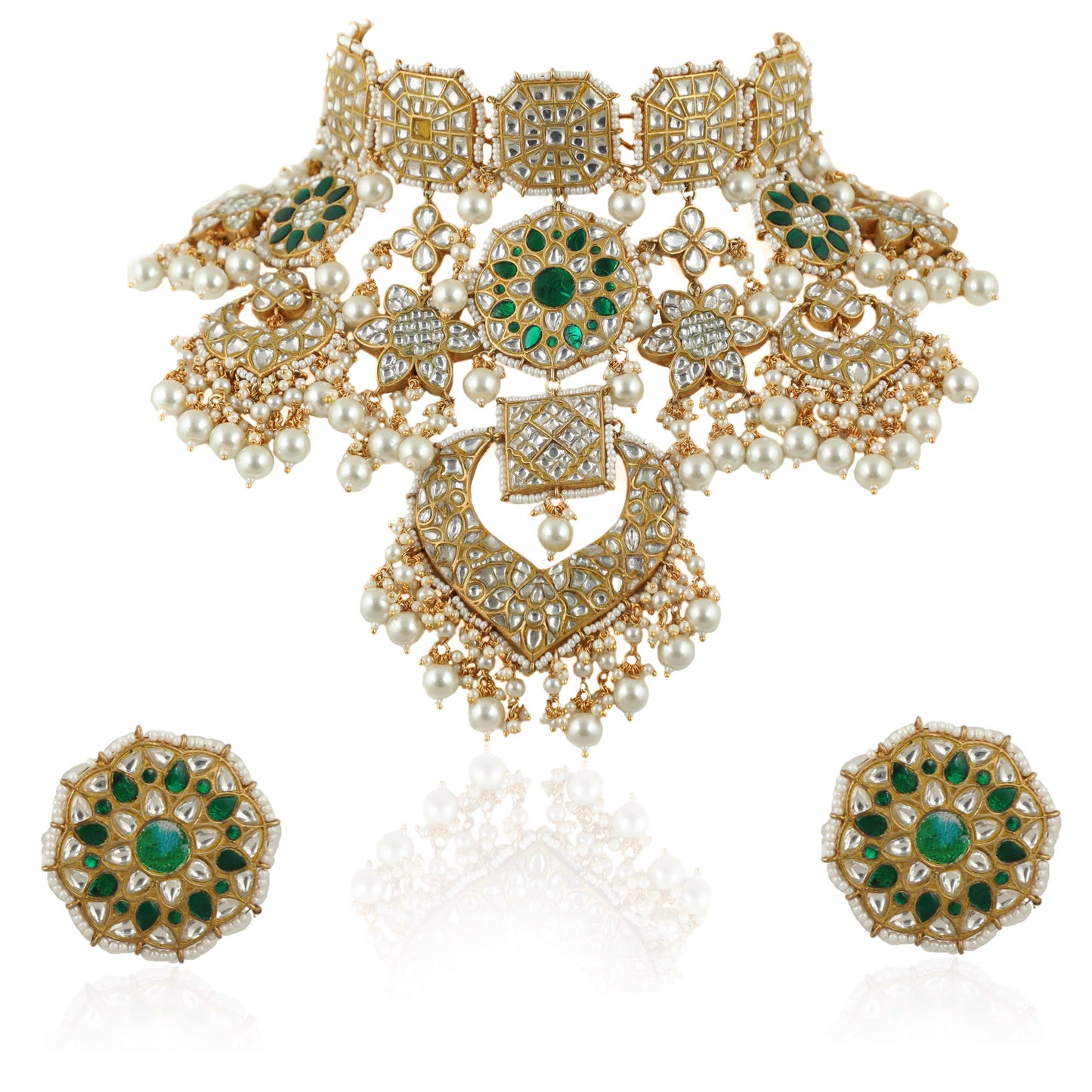 WHITE AND GREEN JADTAR STONE HEAVY BRIDAL NECKLACE SET WITH WHITE AND GREEN STUDS