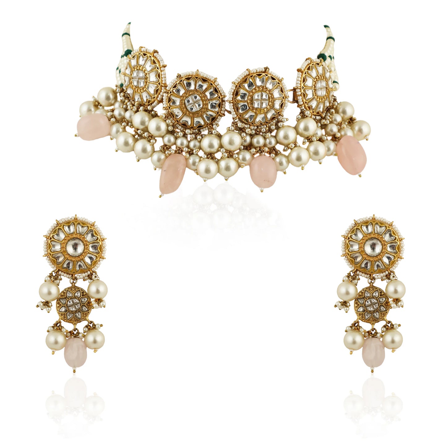 Necklace In 22Kt Gold Plating Studded With White Jadtar Stones And Beaded In Pastel Pink And White Beads