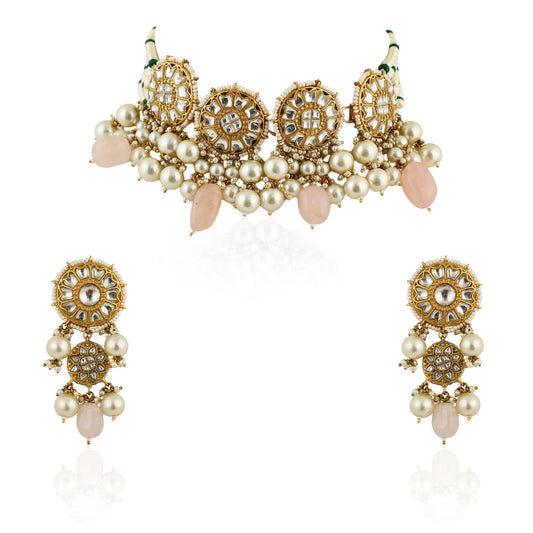 Necklace In 22Kt Gold Plating Studded With White Jadtar Stones And Beaded In Pastel Pink And White Beads