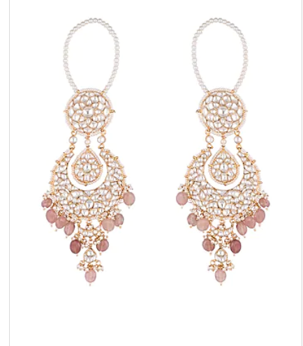 Gold Plated Pearl and Jadtar Pink Stones Earrings