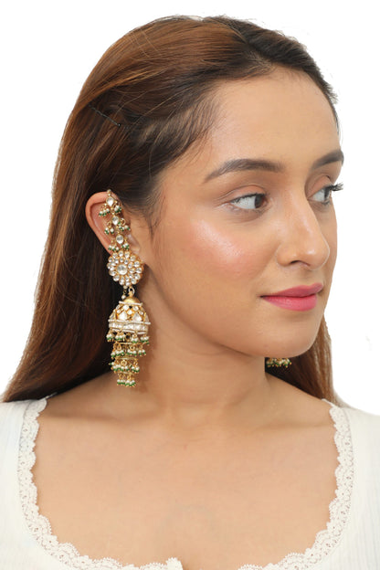WHITE JADTAR STONE BIG JHUMKI WITH GREEN HANGINGS