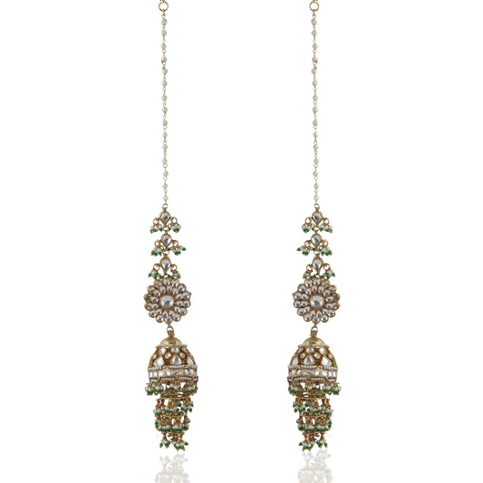 WHITE JADTAR STONE BIG JHUMKI WITH GREEN HANGINGS