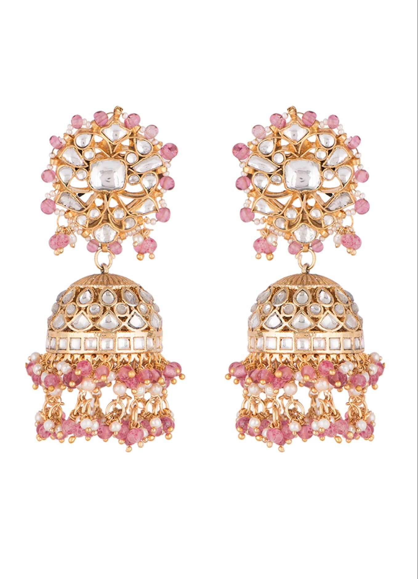 WHITE SMALL JADTAR STONE JHUMKI WITH LIGHT PINK HANGINGS
