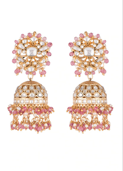 WHITE SMALL JADTAR STONE JHUMKI WITH LIGHT PINK HANGINGS