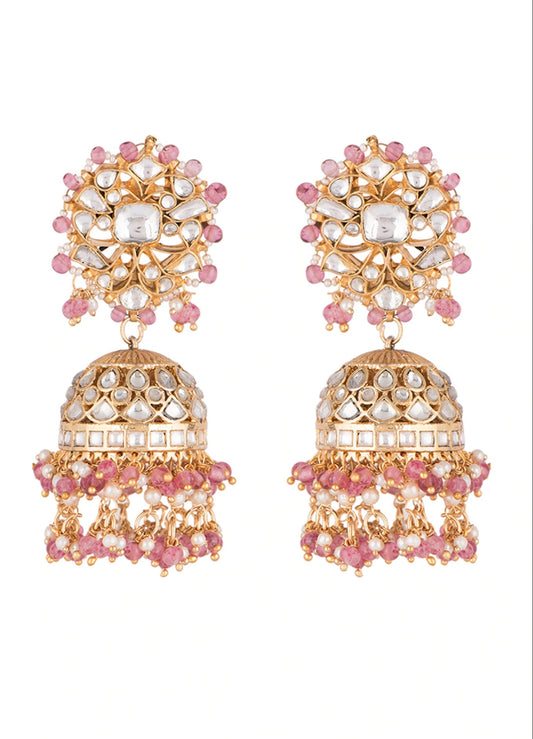 WHITE SMALL JADTAR STONE JHUMKI WITH LIGHT PINK HANGINGS