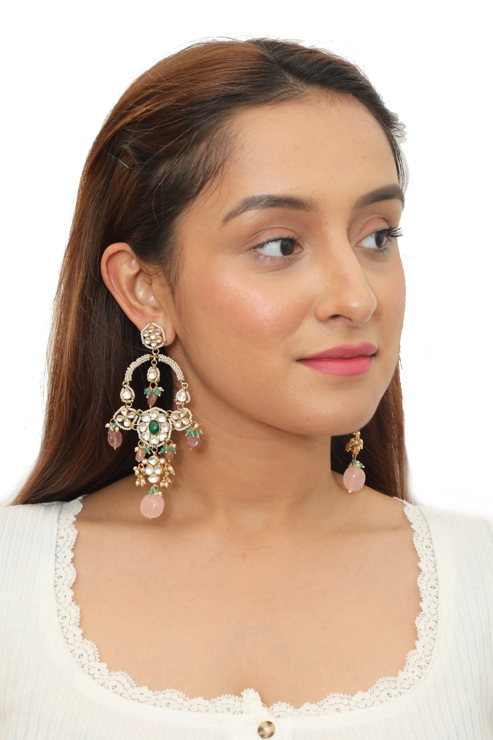 CHAND BAALI SHAPED EARRINGS WITH MOTI WORK AND PESTALE PINK  BEADS