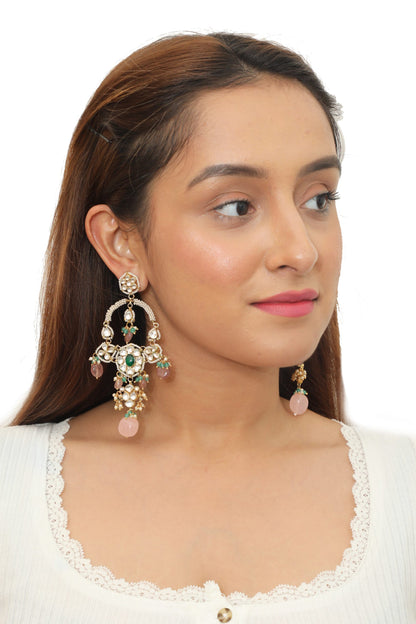 CHAND BAALI SHAPED EARRINGS WITH MOTI WORK AND PESTALE PINK  BEADS