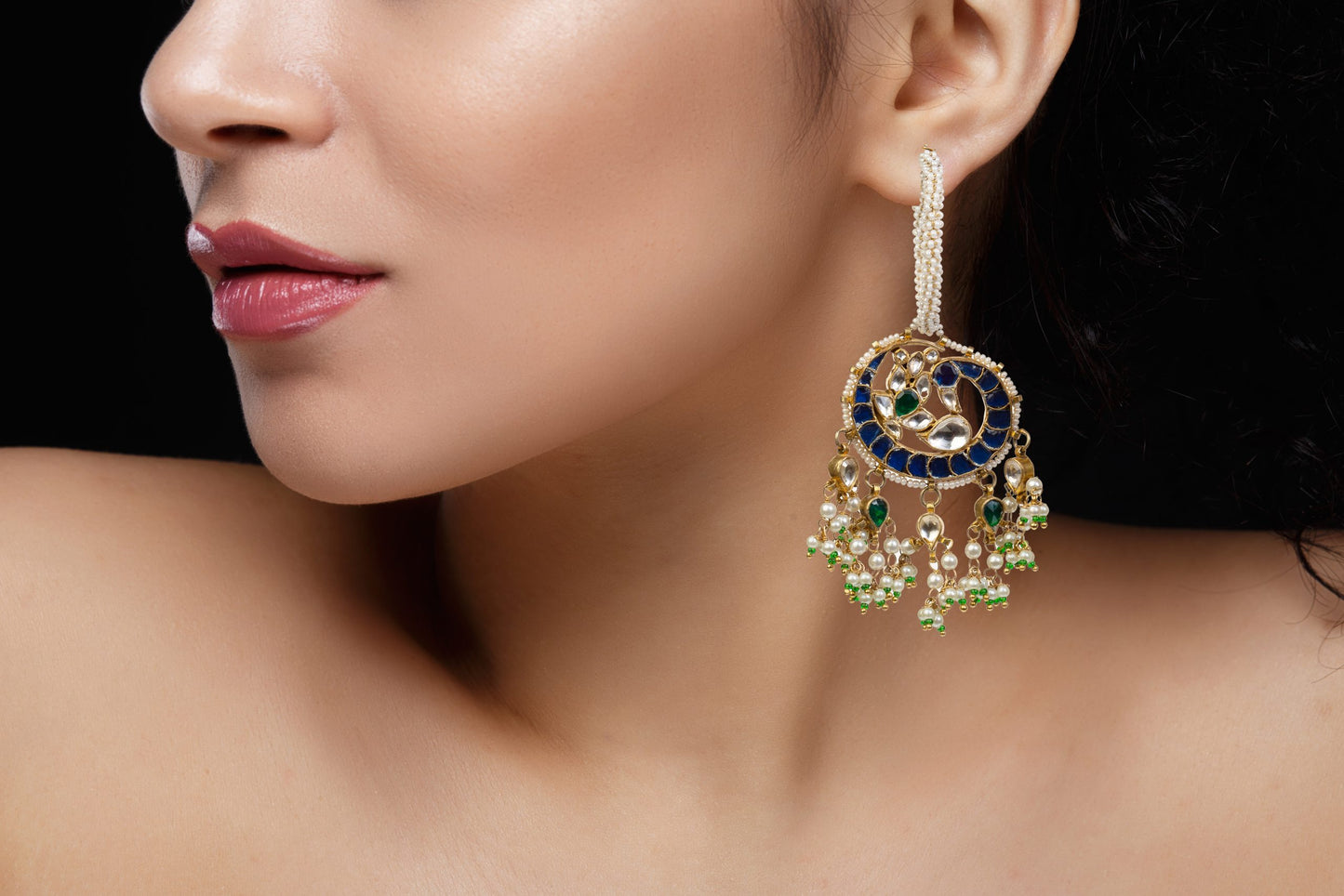 White, Blue & Green Jadtar Hoop Earrings