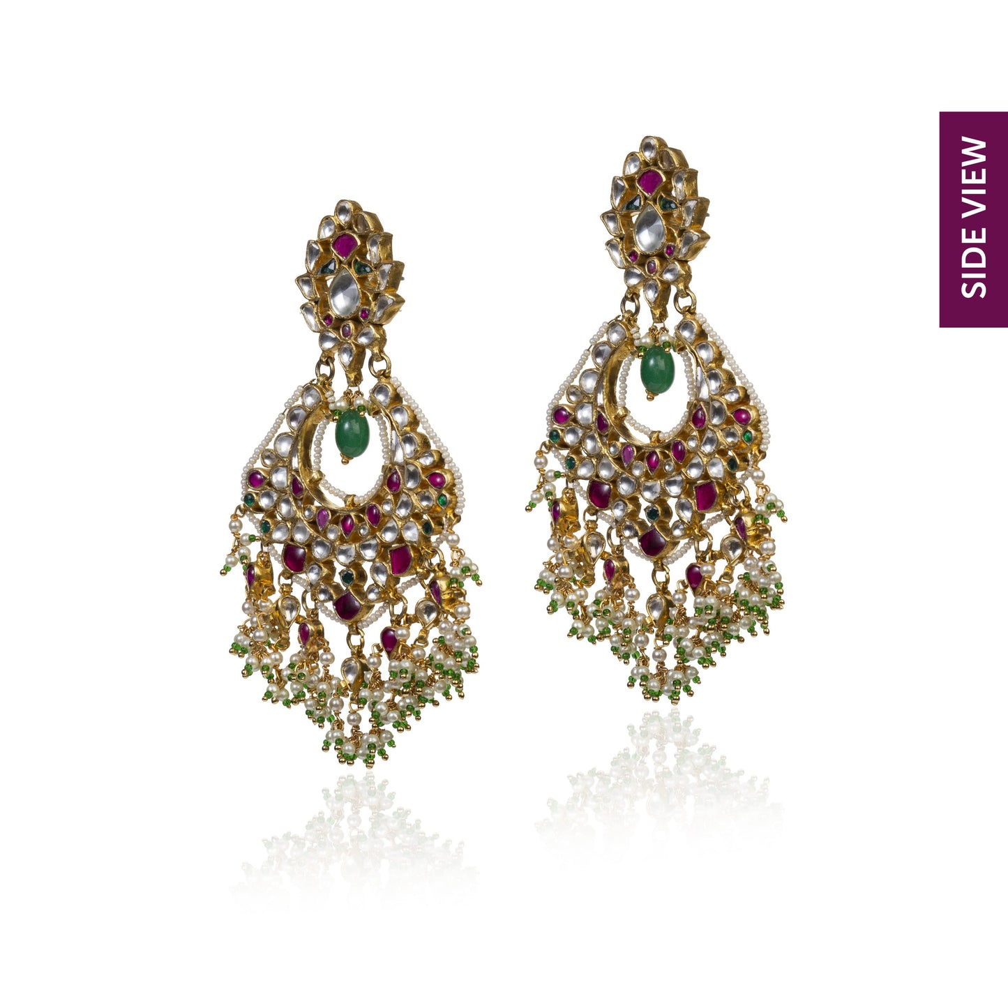 PINK,WHITE AND GREEN JADTAR STONES BIG CHAND BAALIS STYLE EARRINGS