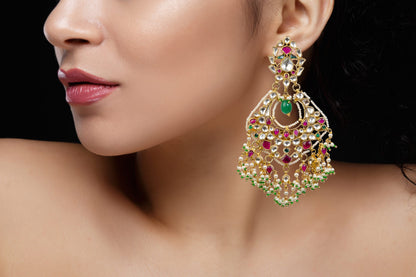 PINK,WHITE AND GREEN JADTAR STONES BIG CHAND BAALIS STYLE EARRINGS
