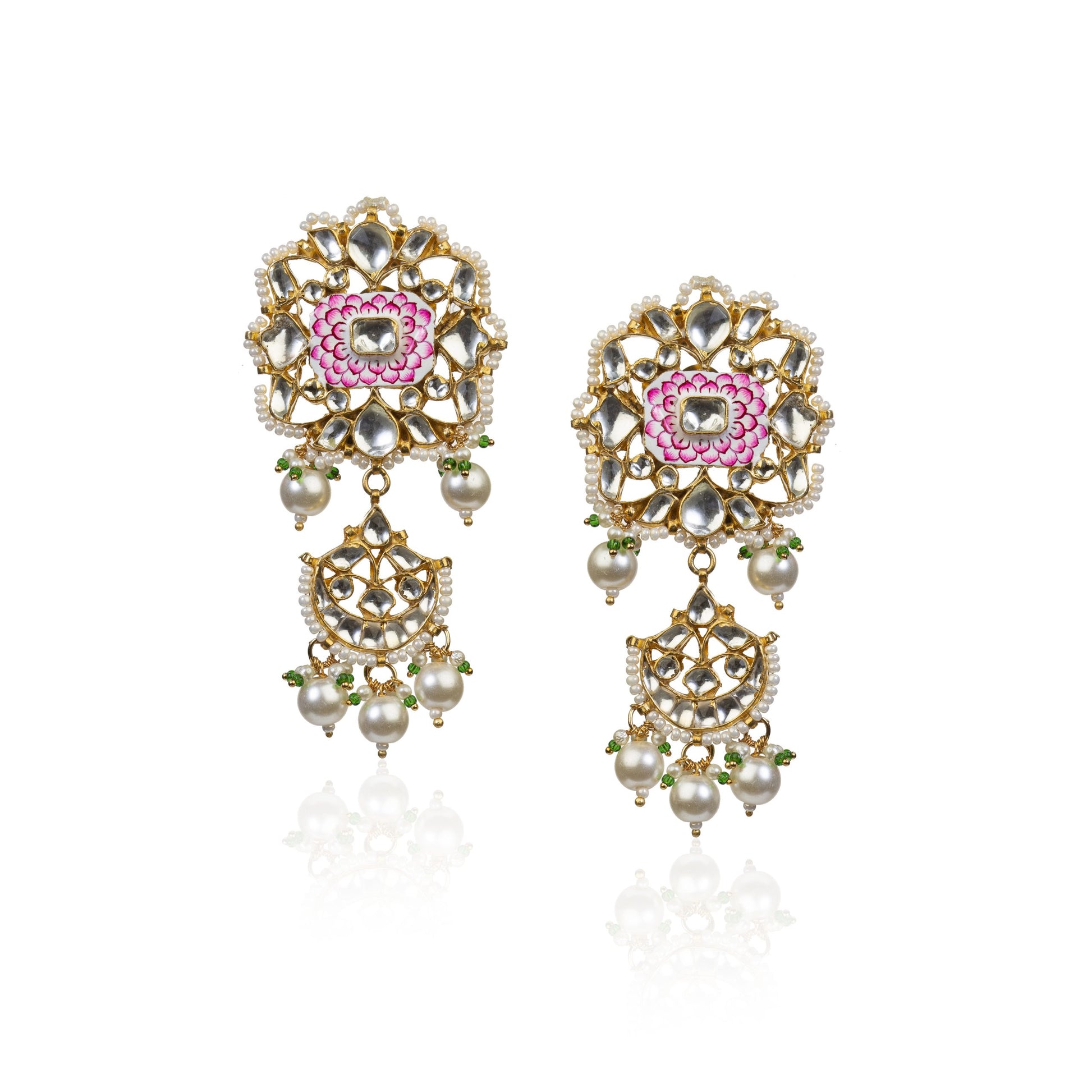 Pink and white meena work earrings