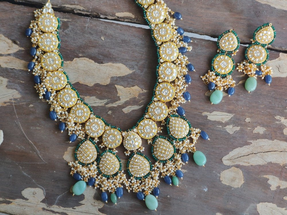 LONG NECKLACE SET IN BLUE AND GREEN BEADS LOADED WITH BUNCH OF PEARLS