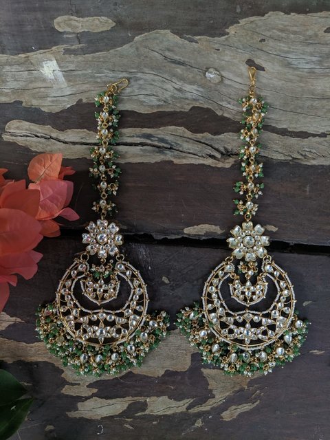 CHANDBALI EARRINGS WITH ONYX GREEN BEADS AND EARCHAIN