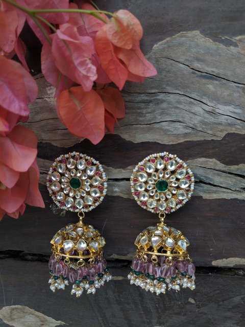 JHUMKI EARRINGS WITH PASTEL PINK AND GREEN BEADS