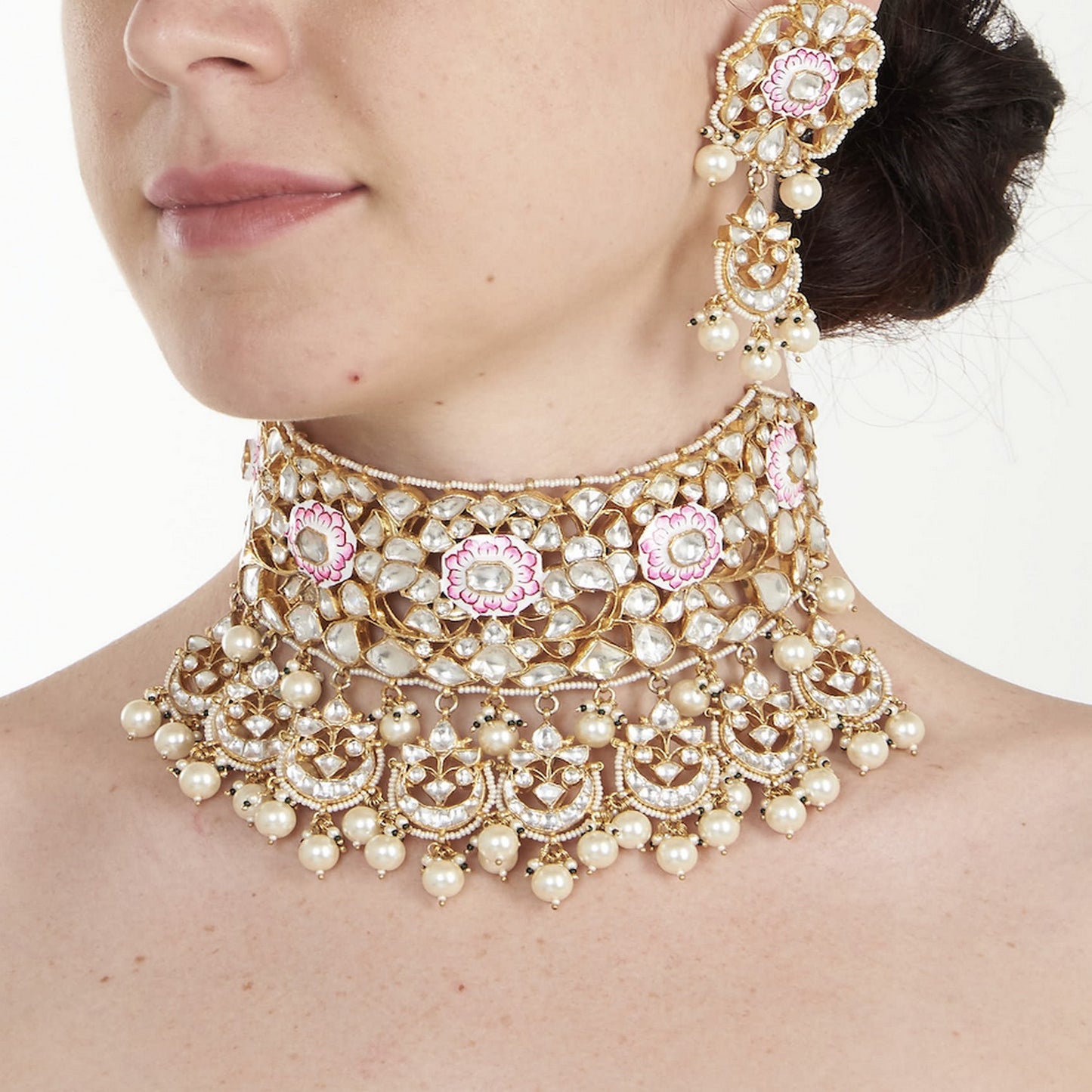 Meenakari worked full neck covering Necklace set with long earrings