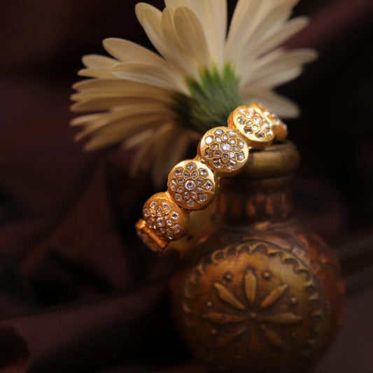 22Kt Gold Plated Bangle In Unque Design Studded With White Jadtar Stones(Single)