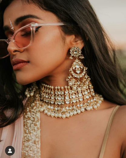 Gold Plated white choker with pearls Necklace Set With Earrings