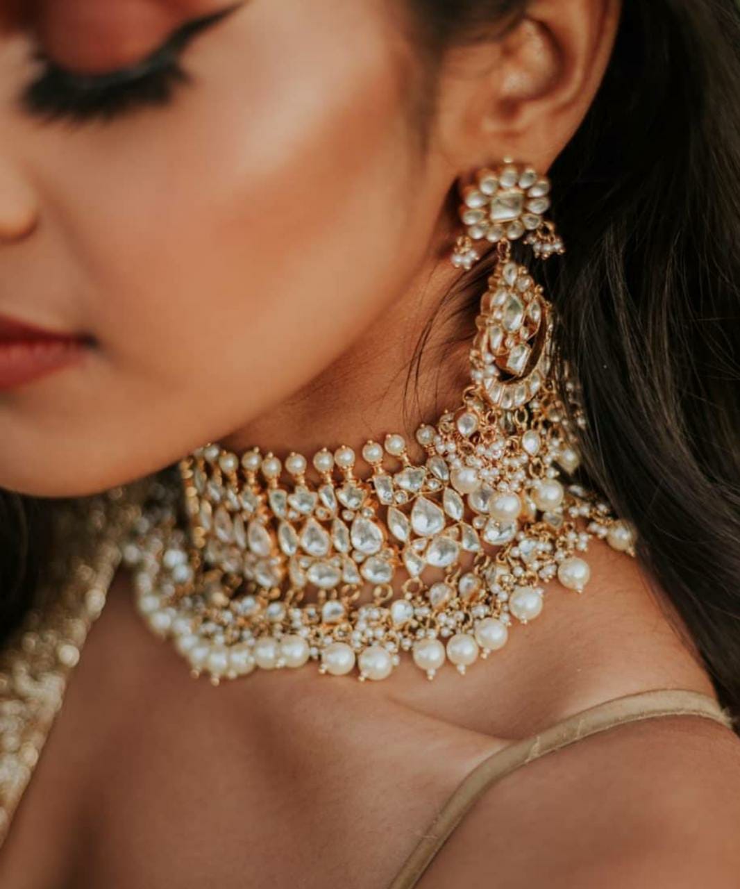 Gold Plated white choker with pearls Necklace Set With Earrings