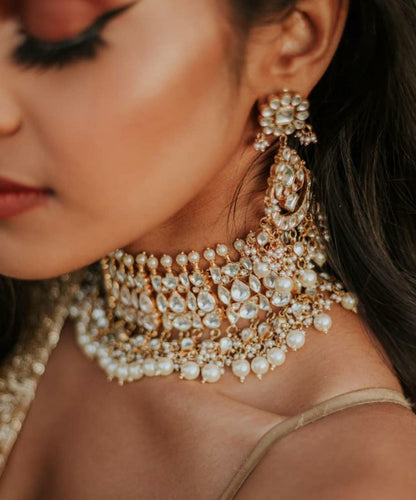 Gold Plated white choker with pearls Necklace Set With Earrings