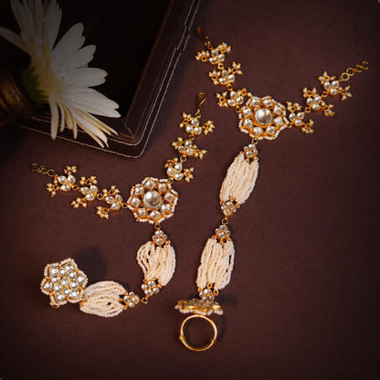 Stunning Bridal Accessory Combining Silver Floral Jadau Design With Pearl String For A Touch Of Sophistication ( Pair)